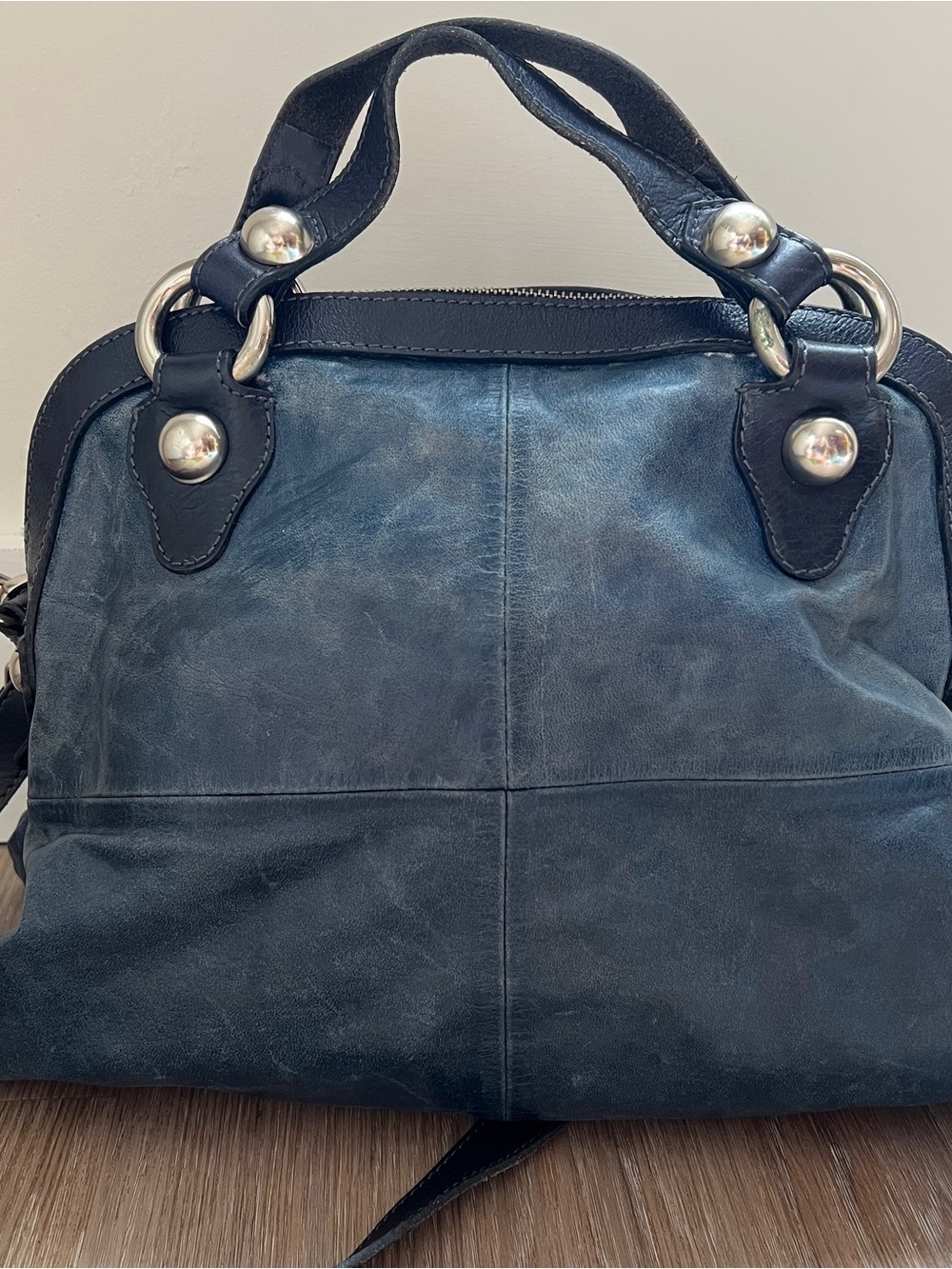 Vintage Tano Blue Leather Satchel Crossbody Bag Distressed Y2K purse 2000s - Picture 3 of 11